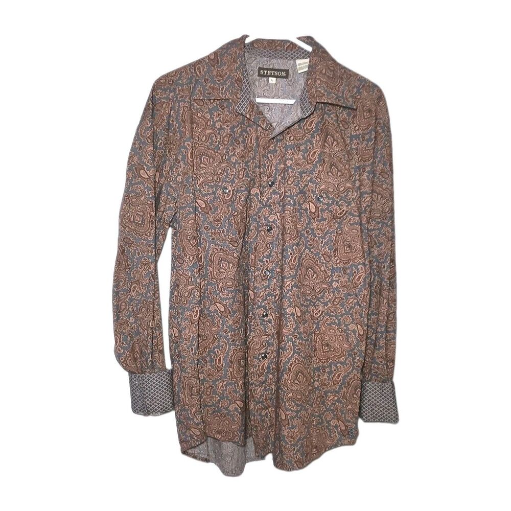 Stetson Mens L Western Paisley Pearl Snap Shirt Sawtooth Pockets Roll Cuff Rodeo